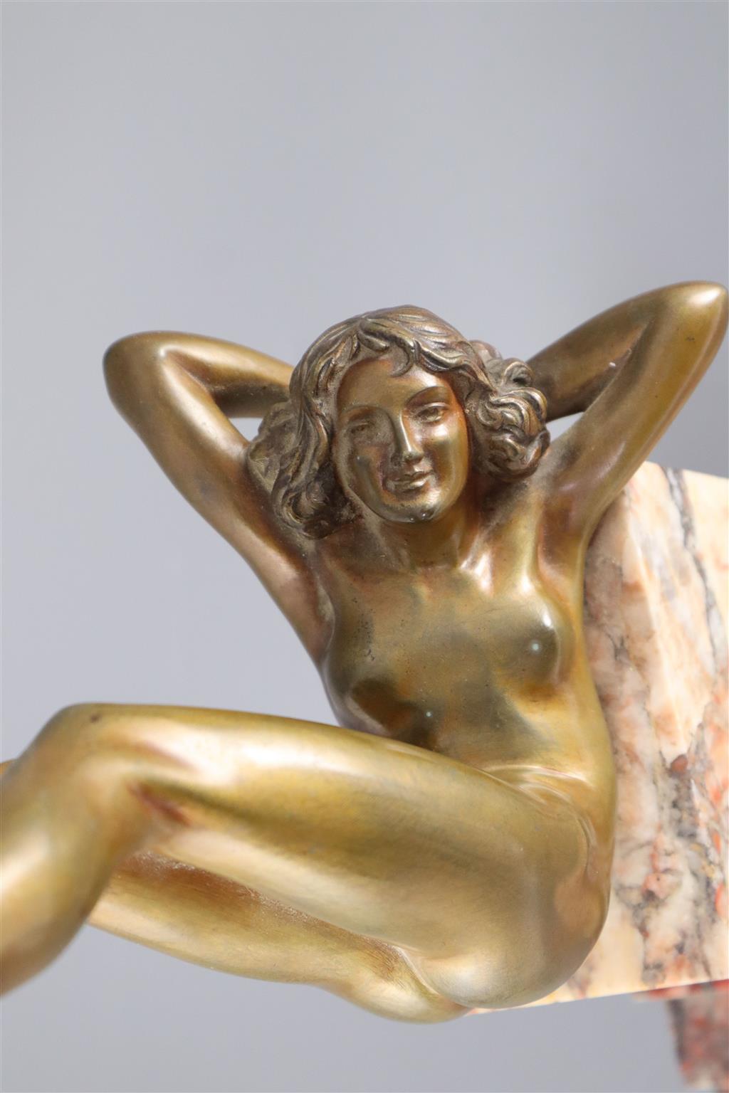Claire Jeanne Roberte Colinet (1880–1950) - an Art Deco patinated bronze figure of a naked hoop dancer, height 22in.